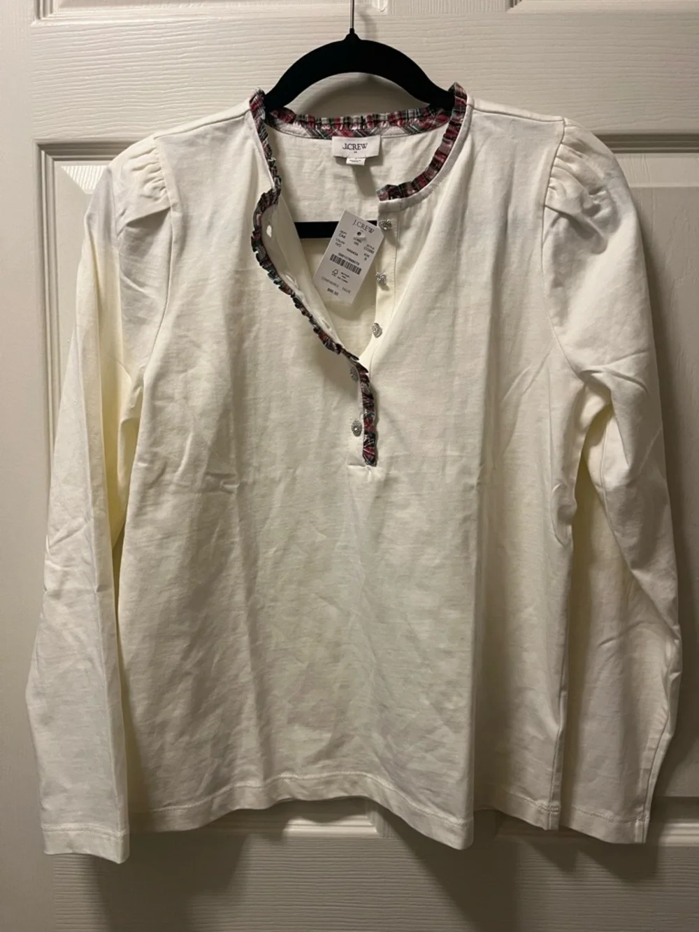 J. Crew Women’s Cream Long-Sleeve‎ Henley with Red Plaid Ruffle Trim Size Sm NWT